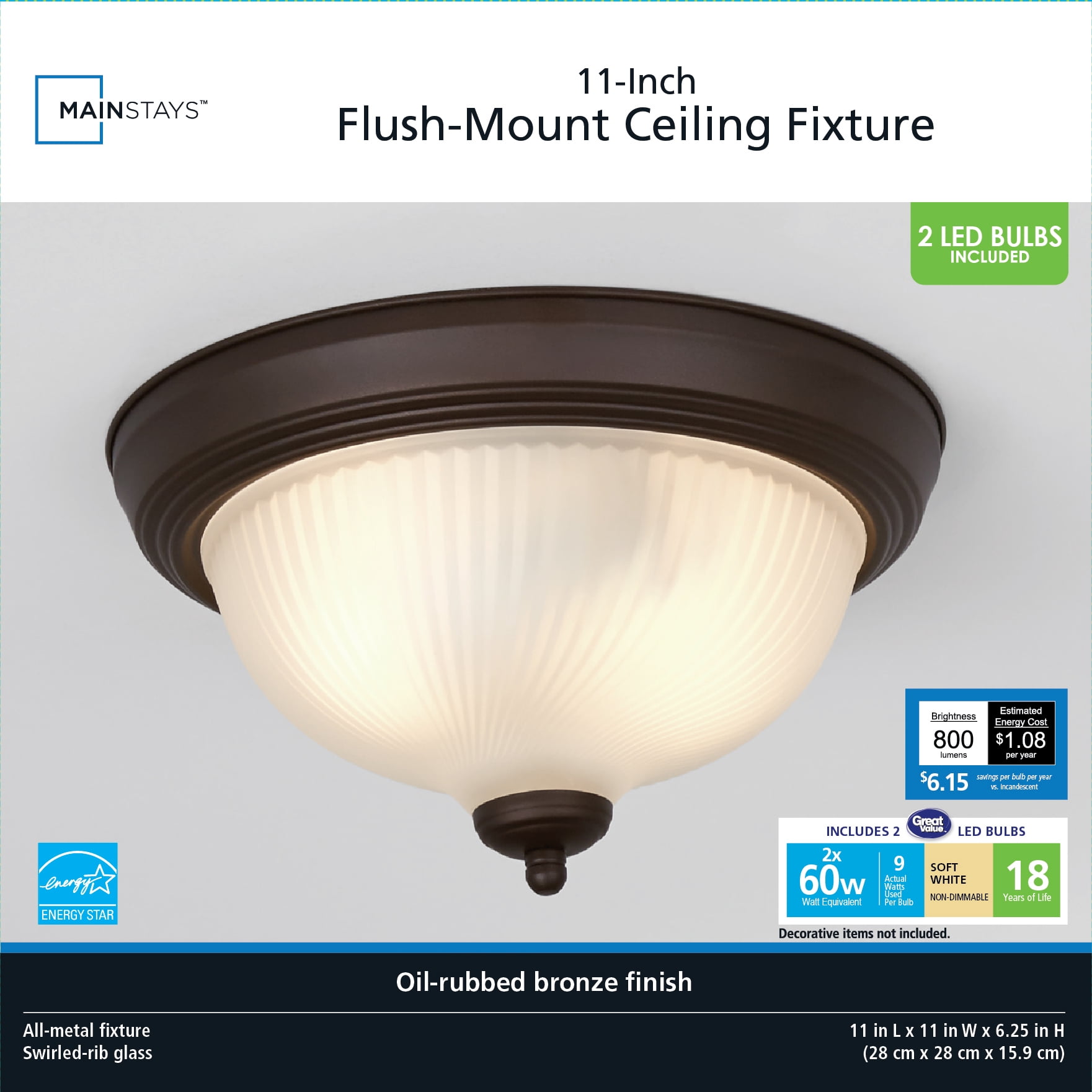 Mainstays 11" Indoor Ceiling Flush-Mount w/ LED Bulbs, Oil-Rubbed Bronze Finish