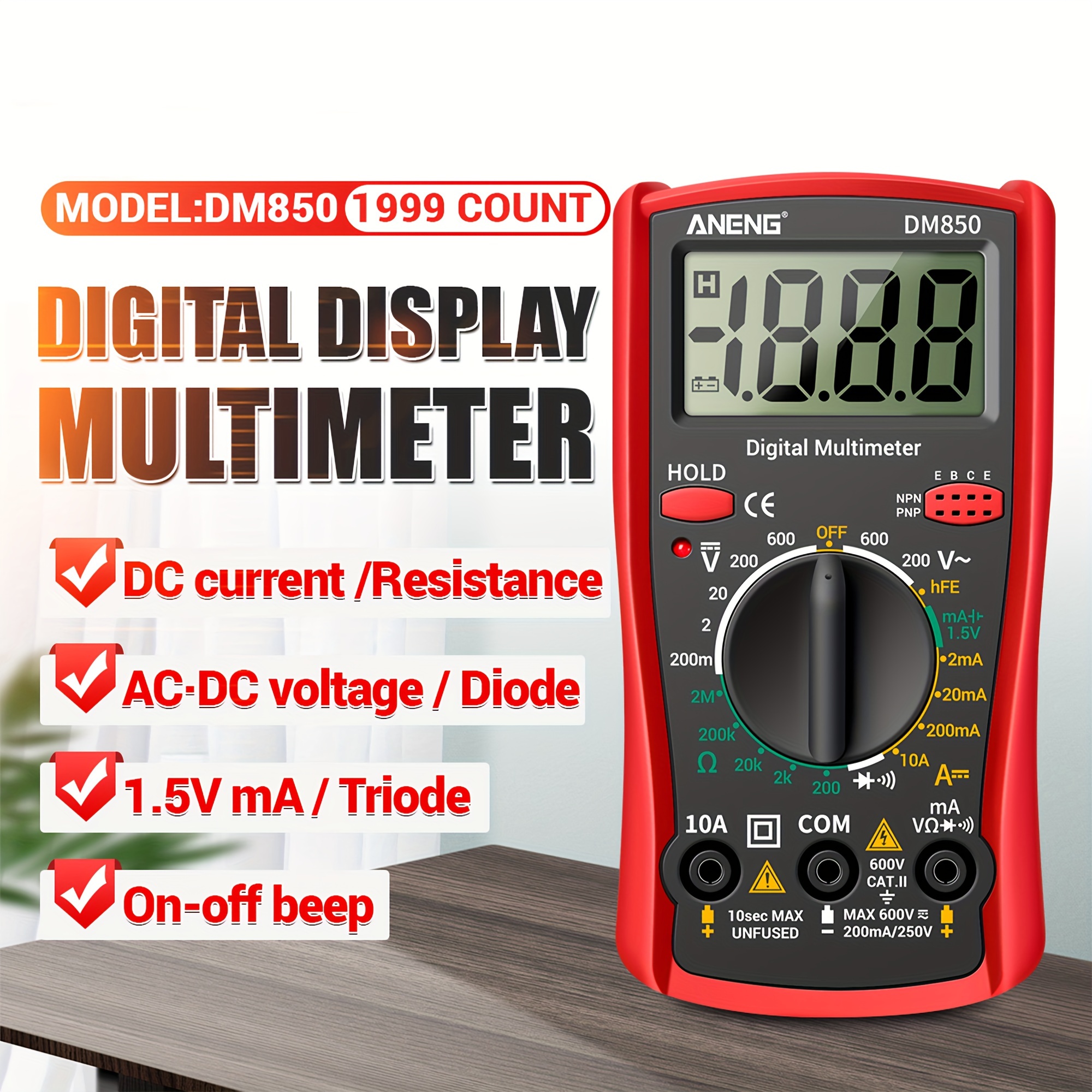 TKDMR Digital Multimeter Tester 1999 Counts with DC AC Voltmeter and Ohm Volt Amp Meter; Measures Voltage, Current, Resistance, Continuity and Diode, black、red