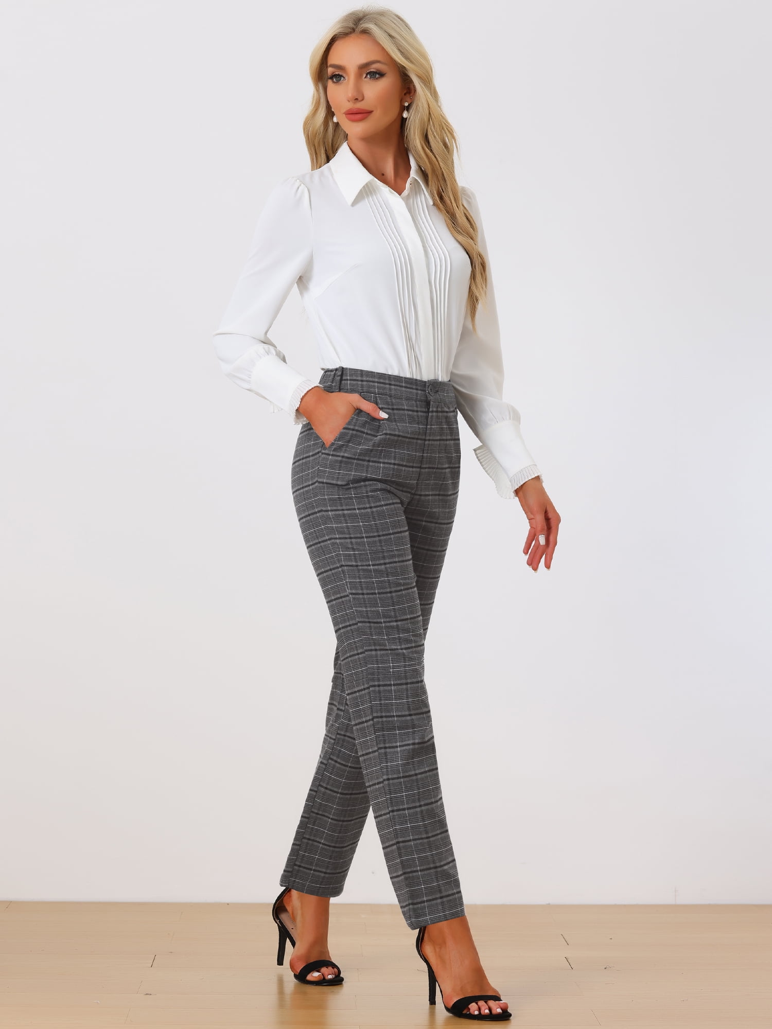 DARING DIVA Women's Plaid Trousers Pockets Straight Leg Casual Pant M Dark Grey Black
