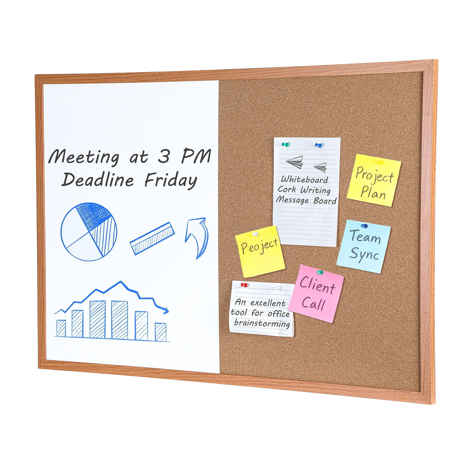 Sioweci Dry-Erase Cork Board Combo, Magnetic Whiteboard & Bulletin Board Combination, Wooden Frame Vision Board with Markers Push Pins for Office Home School,23.62" x 35.43"