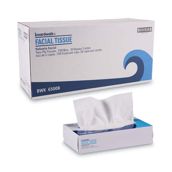 Boardwalk Office Packs Facial Tissue, 2-Ply, White, Flat Box, 100 Sheets, 30 Boxes/Carton, BWK6500B