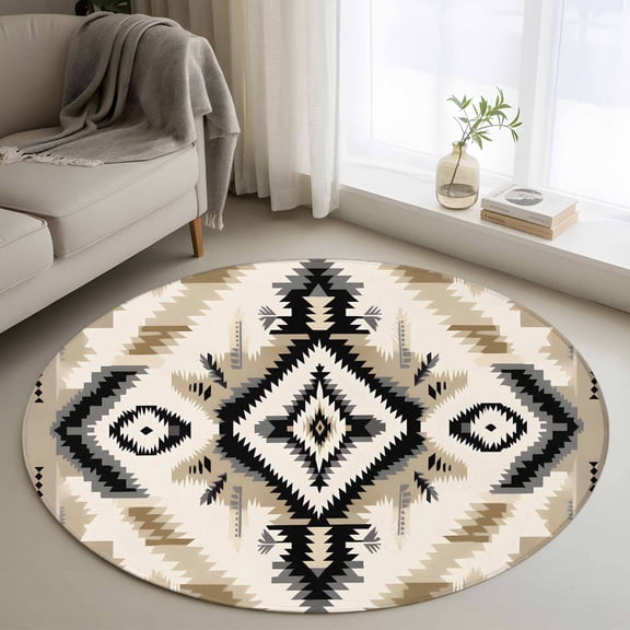 Round Rugs 4Ft, Boho Black Brown Round Area Rug Washable Indoor Throw Carpet, Southwestern Geometric Ethnic Retro Soft Non Slip Circle Rug for Kitchen Nursery Room Home Decor Aesthetic