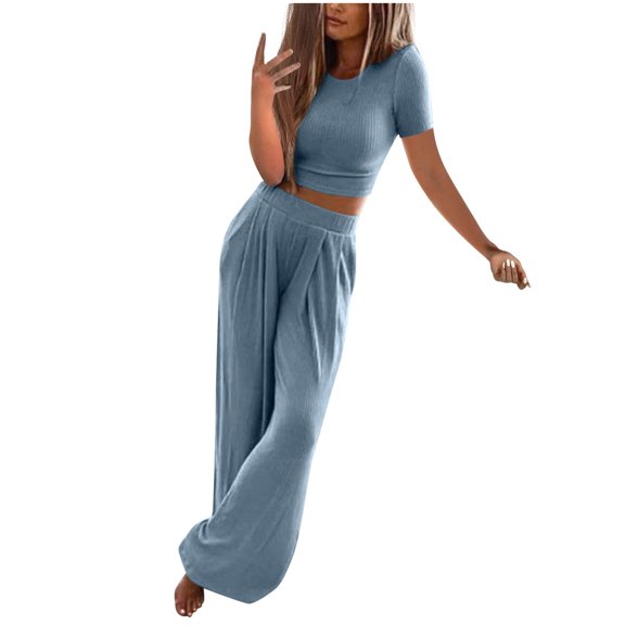 Atogsazn Women's 2 Piece Outfits Lounge Sets Ruched Short Sleeve Crop Tops and High Waisted Wide Leg Pants Matching Sets Tracksuit Light Blue XXXL
