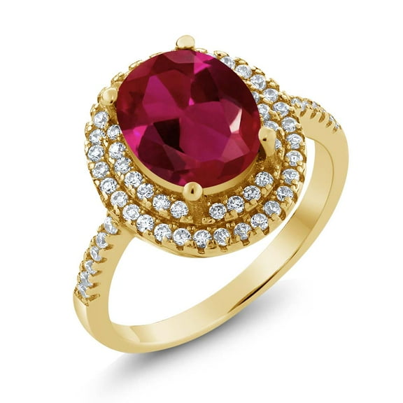 Gem Stone King 18K Yellow Gold Plated Silver Red Created Ruby Ring for Women | 3.30 Cttw | Oval 9X7MM | Wedding Engagement Anniversary Promise Ring for Women| Size 9