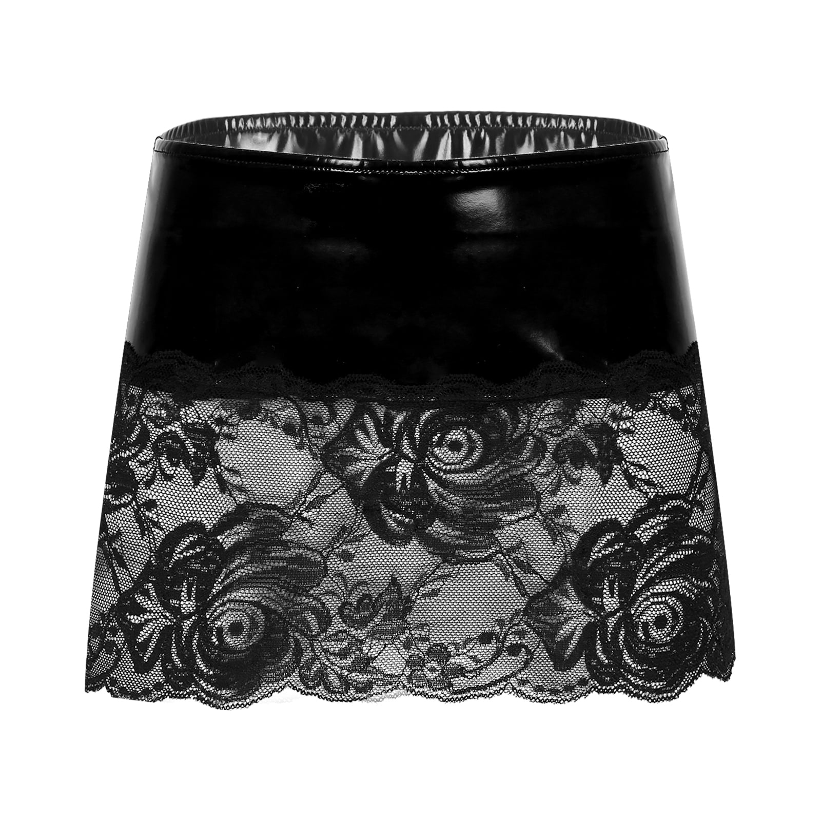 YEAHDOR Womens Latex Bodycon Skirt See-through Lace
