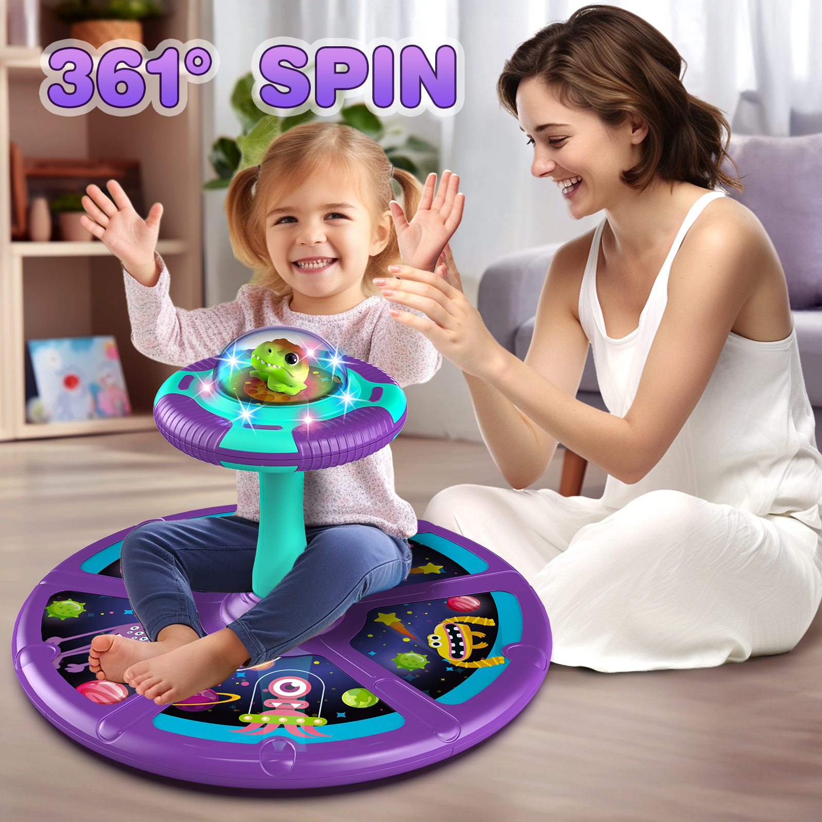 Beefunni Dinosaur Toddler Spin Toys for Ages 2 3 4 5 Years, Birthday Gift for Kids Toddlers Ages 2-4 Years, Light-Up Dinosaur Space Kids Twister with LED Light and Music.