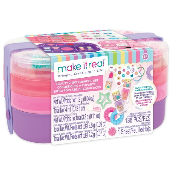 Make It Real: Beauty 2-Go! Cosmetic Set - 136pcs, Glam for Eyes-Hair-Nails, Tray Compartments, Pink & Purple Storage Carry Case, Girls & Kids Ages 8 