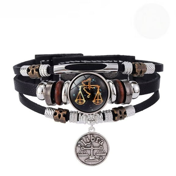 HIJONES Women Men's Vintage Zodiac Sign 12 Constellation Luminous Bracelet Weave Multilayer Black Leather Wrap Jewelry Libra
