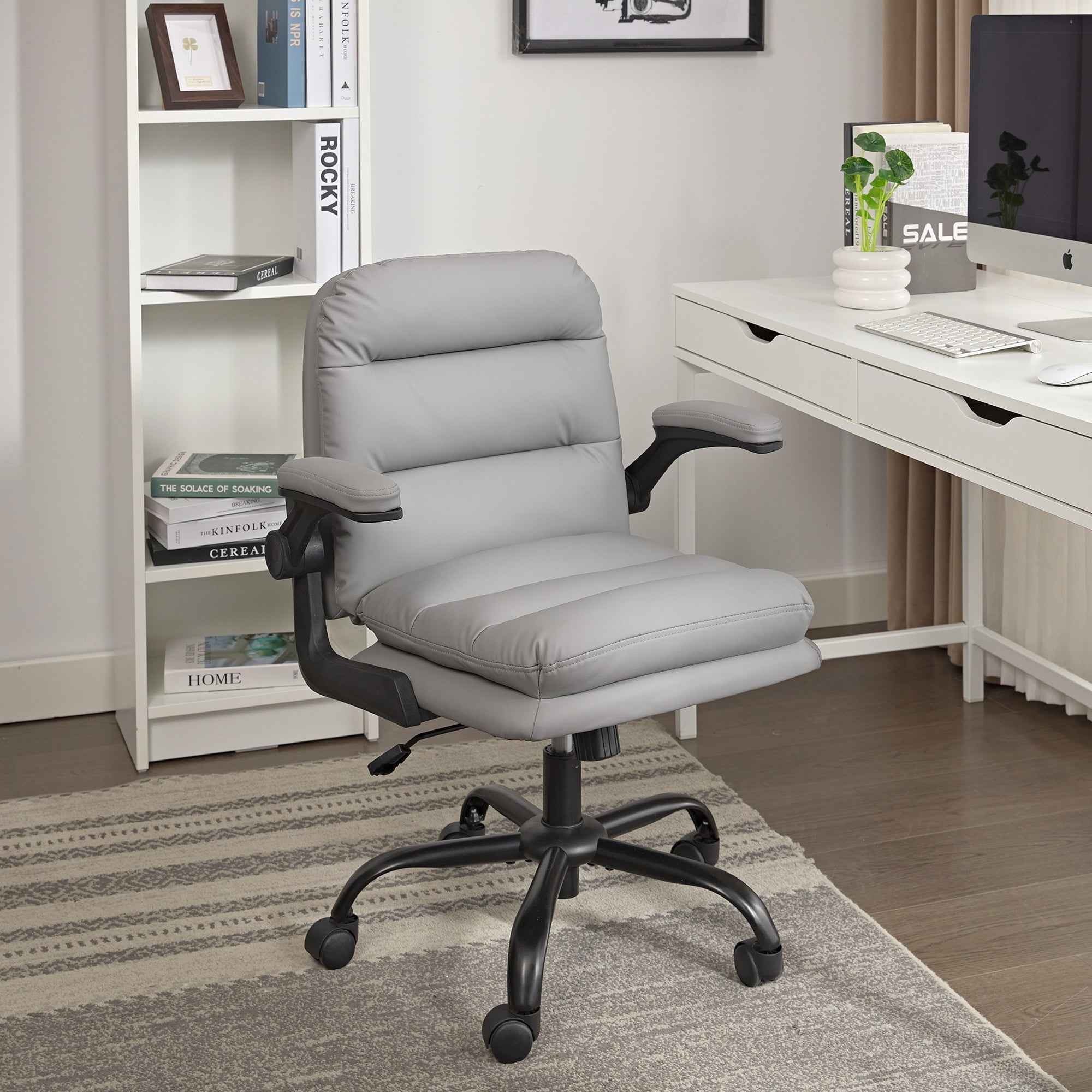 VECELO Ergonomic Office Chair, PU Leather Thick Padding Swivel Executive Computer Desk Chair With Upholstered Flip-Up Arms, Gray