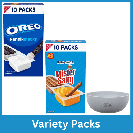 Handi-Snacks OREO Cookie Sticks N Creme Dip 10 Snack Packs & Mister Salty Pretzels N Cheesy Dip 10 Snack Packs Variety Pack Bundle with Free Bowl by OMA
