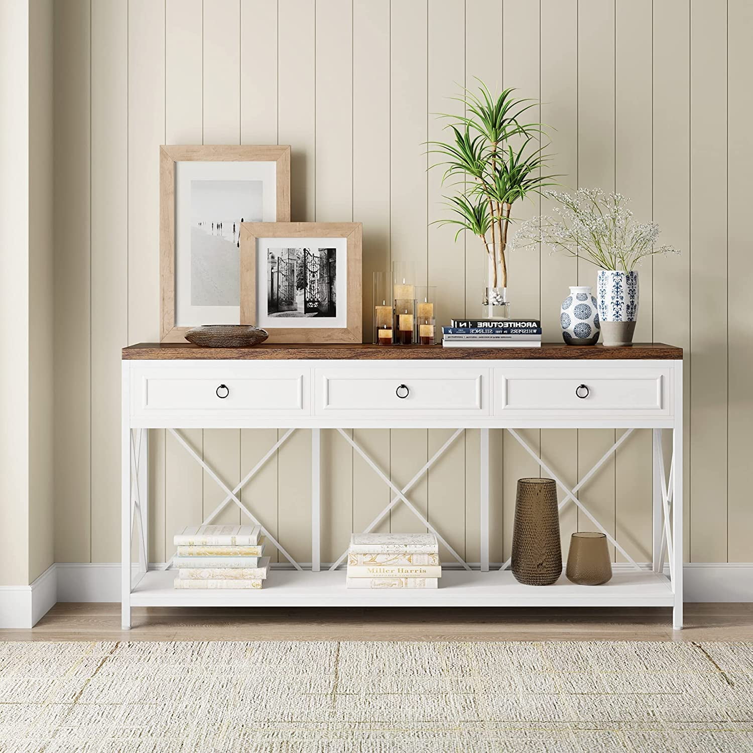 70.8-Inch Console Table with 3 Drawers, Farmhouse Entryway Table with Storage Shelf