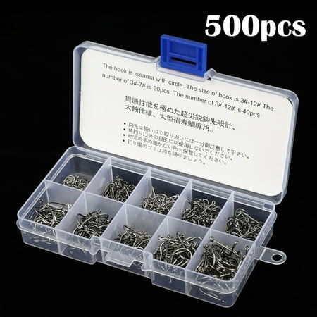 TSV 500pcs Fish Hooks 10 Sizes Fishing Black Silver Sharpened With Plastic Box