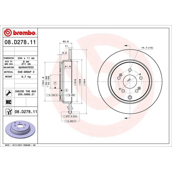 Brembo 08.D278.11 Premium UV Coated OE Equivalent Rotor