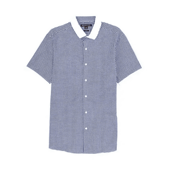 $89 Michael Kors Men Slim-Fit Gingham Stretch Short-Sleeve Woven Shirt, Navy, M