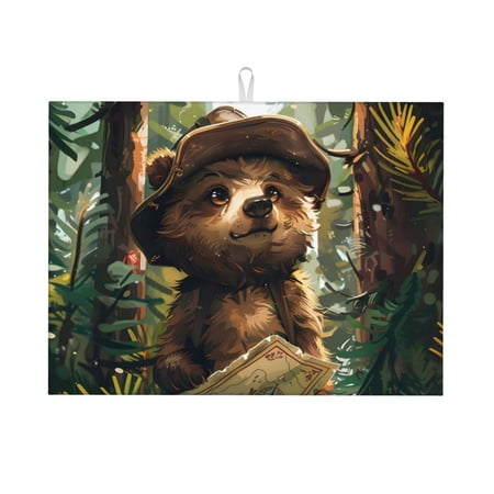 

Tebeau Jungle Hat Bear Print Dish Drying Mat for Kitchen Counter Dish Drying Pad with Non-slip Rubber Backed Hide Stain Anti Absorbent for Kitchen Counter Drying Mat