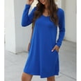 thumbnail image 4 of Vestido con cuello en V para mujer Vestido casual de color puro Bolsillos laterales elegantes Vestido de manga larga Azul L, 4 of 7