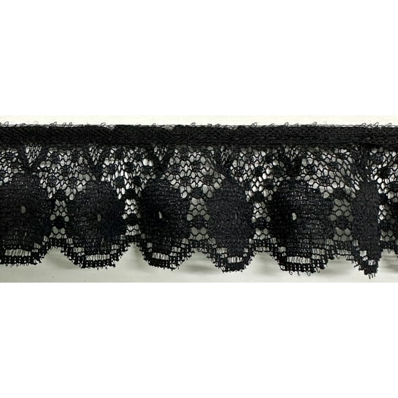 1-3/4" Ruffled Gathered Lace Trimming - 12 Yards! - Color: Black