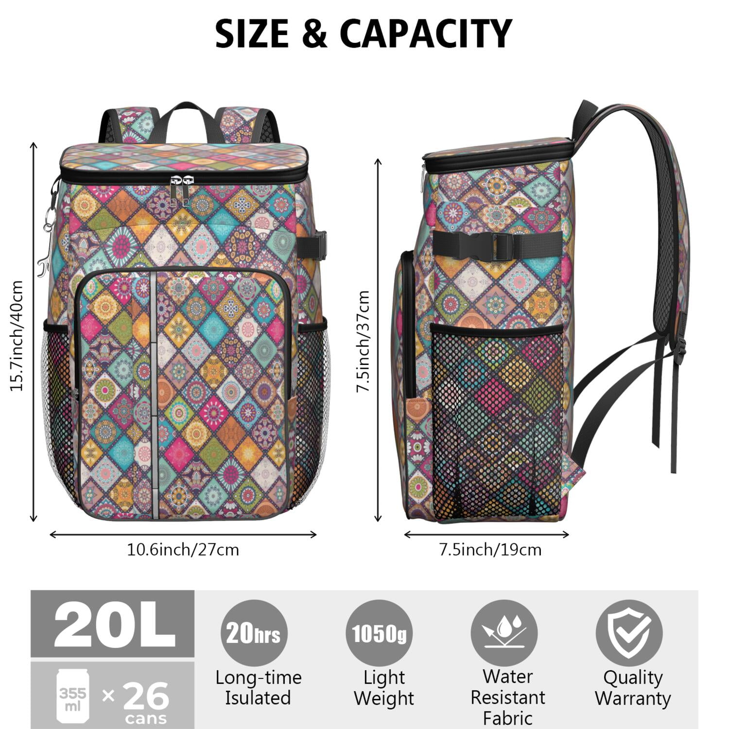 Travel Cooler Bag - Boho Bohemia Flower Camping Beer Cooler Backpack with Bottle Opener- Waterproof Insulated Picnic Backpacks - Cooler Bag for Beach