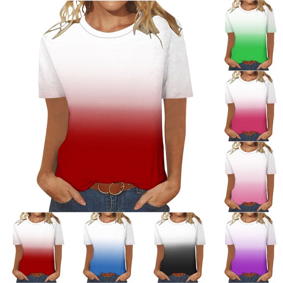 Fashion Olyvenn Women Gradient Color Shirts Short Sleeve Summer Topsd Ressy Casual Tunic Blouses Trendy Vacation Clothes Black XXL