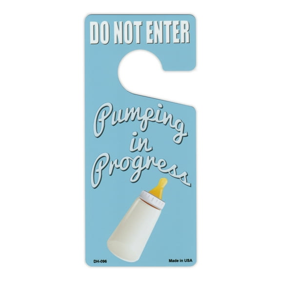 Door Knob Hanger, Metal, Do Not Enter, Pumping in Progress, Blue, 4" x 9"