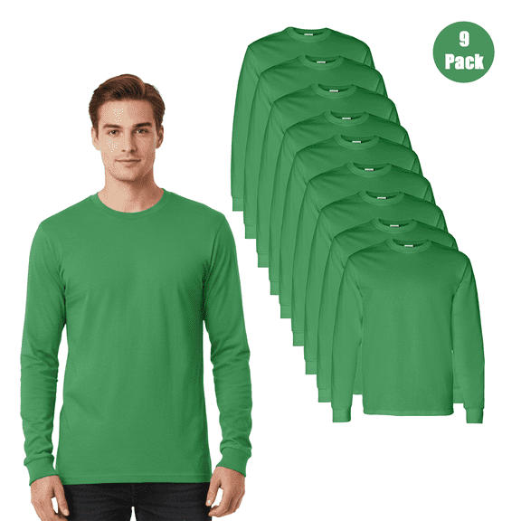 Gildan Men's Heavy Cotton Long Sleeve T-Shirt, Comfortable Crewneck Irish Green Solid Tee, 9-Pack S