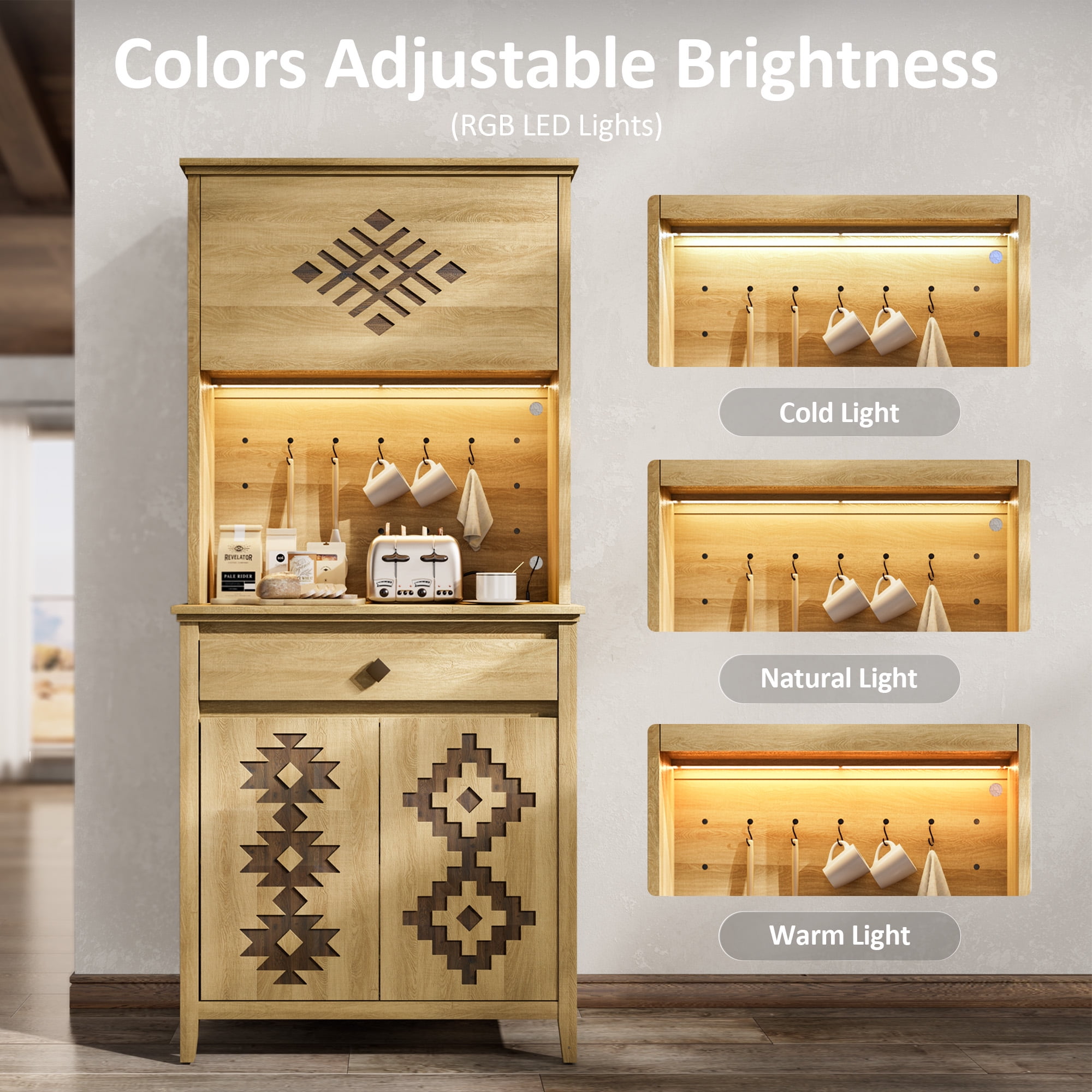 Einhomn 72" Tall Farmhouse Kitchen Pantry Cabinet with Charging Station & LED Light, Flip up Door & Adjustable Shelves,Natural
