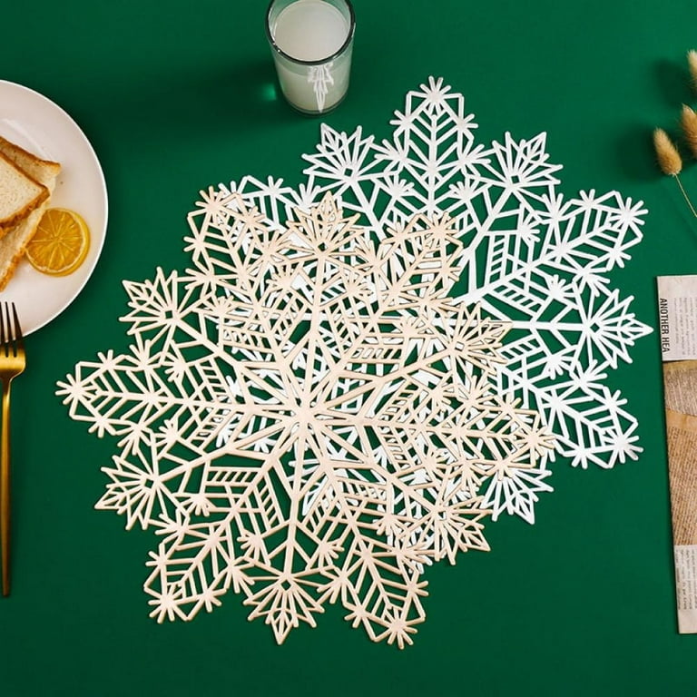 Winter Snowflake PVC Placemats for Dining Tables,Set of 4 Kitchen Table  Mats Geometric Golden White Frame Waterproof Wipeable Placemat for Indoor