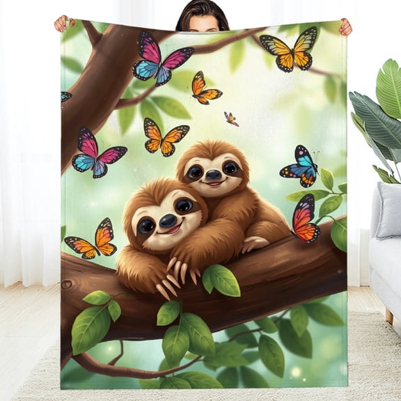 RKSupls Sloth Colorful Butterfly Soft Flannel Throw Blanket, Lightweight Fuzzy Warm Cozy Blanket for Couch Bed Home Travel Decor