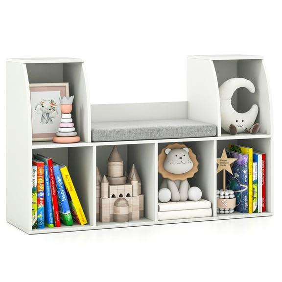 Gymax 40''Kids Bookshelf w/Reading Nook 6 Storage Cubbies & Seat Cushion for Playroom