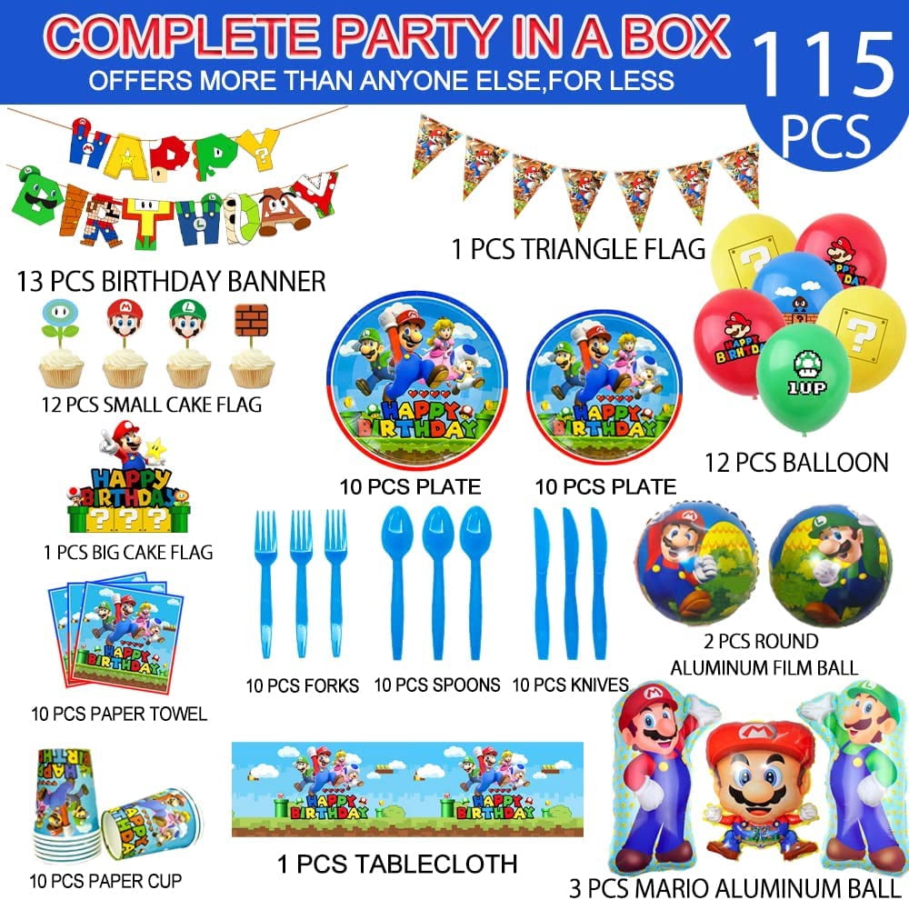 Mario Birthday Party Supplies, 115pcs Mario Birthday Decorations&Tableware-Mario Birthday Banner Plates Napkins Cups Tablecloth Balloons etc Super Mario Birthday Decorations Supplies