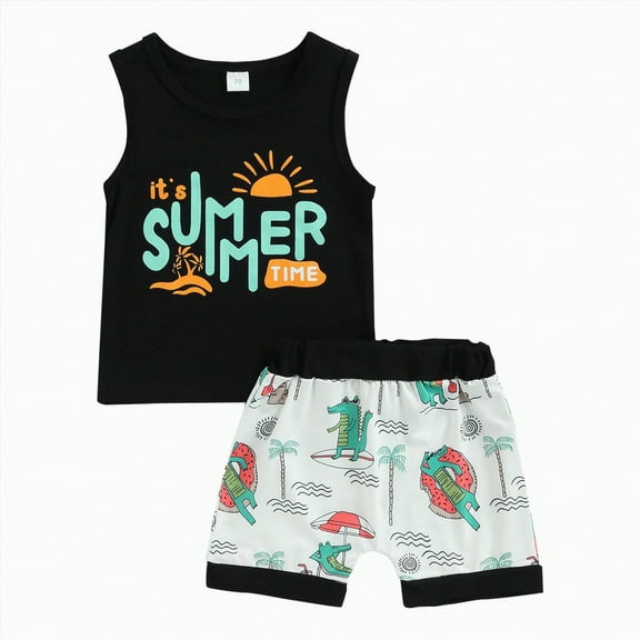 Toddler Boy Outfits Kids Summer Clothes Cotton Cartoon Printed Short Sleeved Sports 3 6 12 18 24 Months 3T T-Shirt & Shorts Set Tee 2-Piece