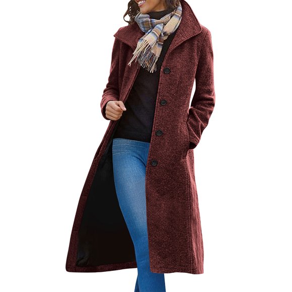 Long Wool Coat, Women's Solid Color Long-Style Casual Thick Woolen-Like Peacoat with Stand-Up Collar, Single Lined Interior, Row Buttons & Fur-Like Trim, Long-Sleeve Hoodless Jacket/Coat, Re