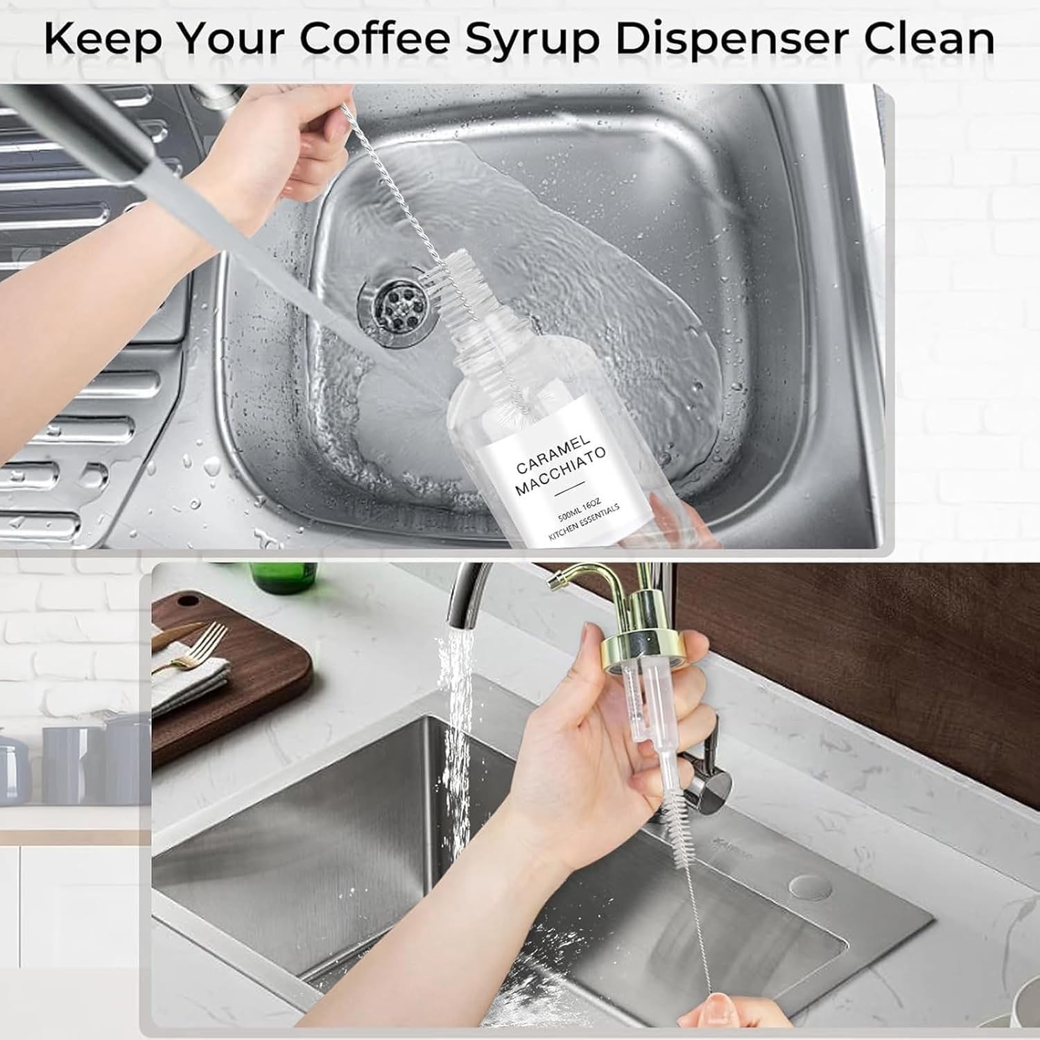 Glass Coffee Syrup Dispenser, 16.9oz Glass Syrup Bottles Set of 4, Coffee Bar Accessories with Labels and Funnel&Pump for Kitchen Coffee Bar Accessories, Gold