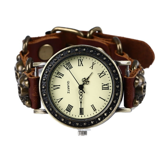 PU Leather Strap Quartz Watch, Precise Timing Adjustable Quartz Clear Roman Numerals Hard Glass Skull PU Leather Watch  for Fashion Accessory for Men