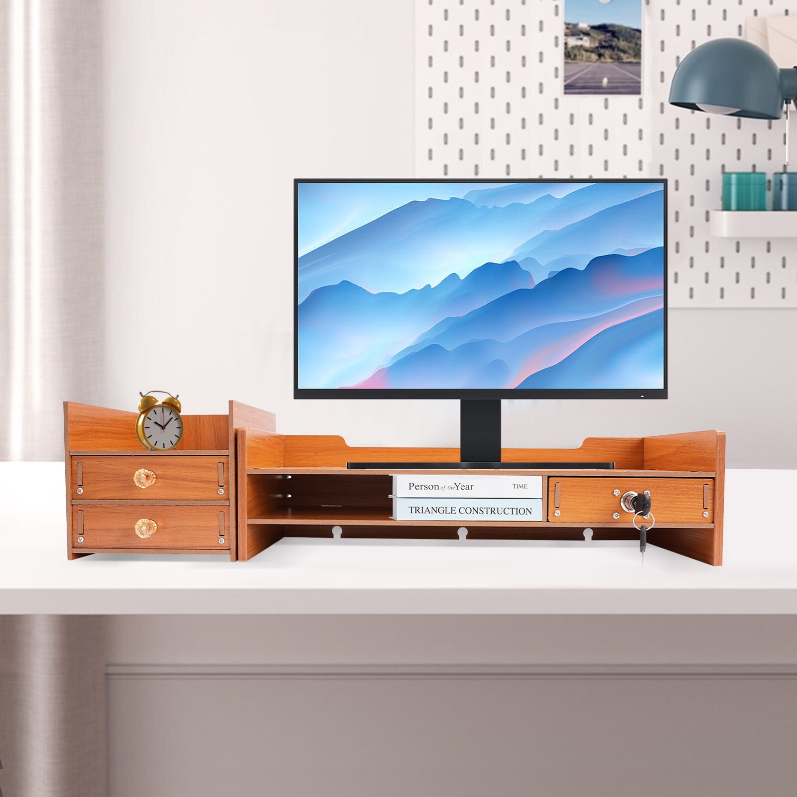 Miumaeov Wooden Desktop Organizer with Drawer Office Supplies Computer Monitor Stand File Laptop Storage Shelf