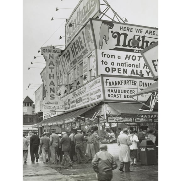 Art.com Nathan's Hot Dogs Food Stand on the Coney Island Boardwalk, May 11, 1954. Brooklyn, New York City Photo, 24" x 32"