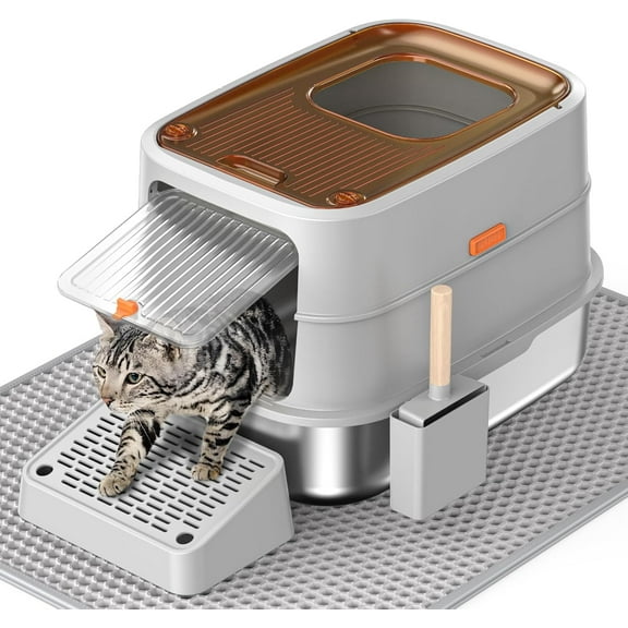 BOYOU Stainless Steel Cat Litter Box, Extra Large Box for Cats, Enclosed Metal Kitty Litter Box with Litter Scooper, Odor-Urine-Proof, Non-Sticky, Easy Rinse Cleaning (Grey)