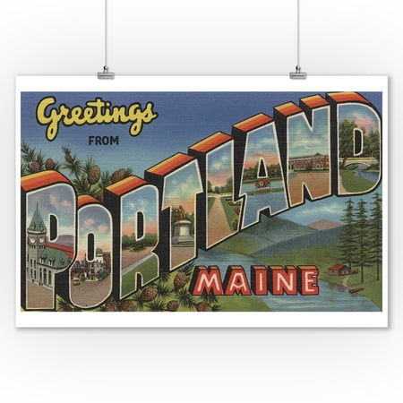 Greetings from Portland, Maine (River Scene) (9x12 Art Print, Wall Decor Travel