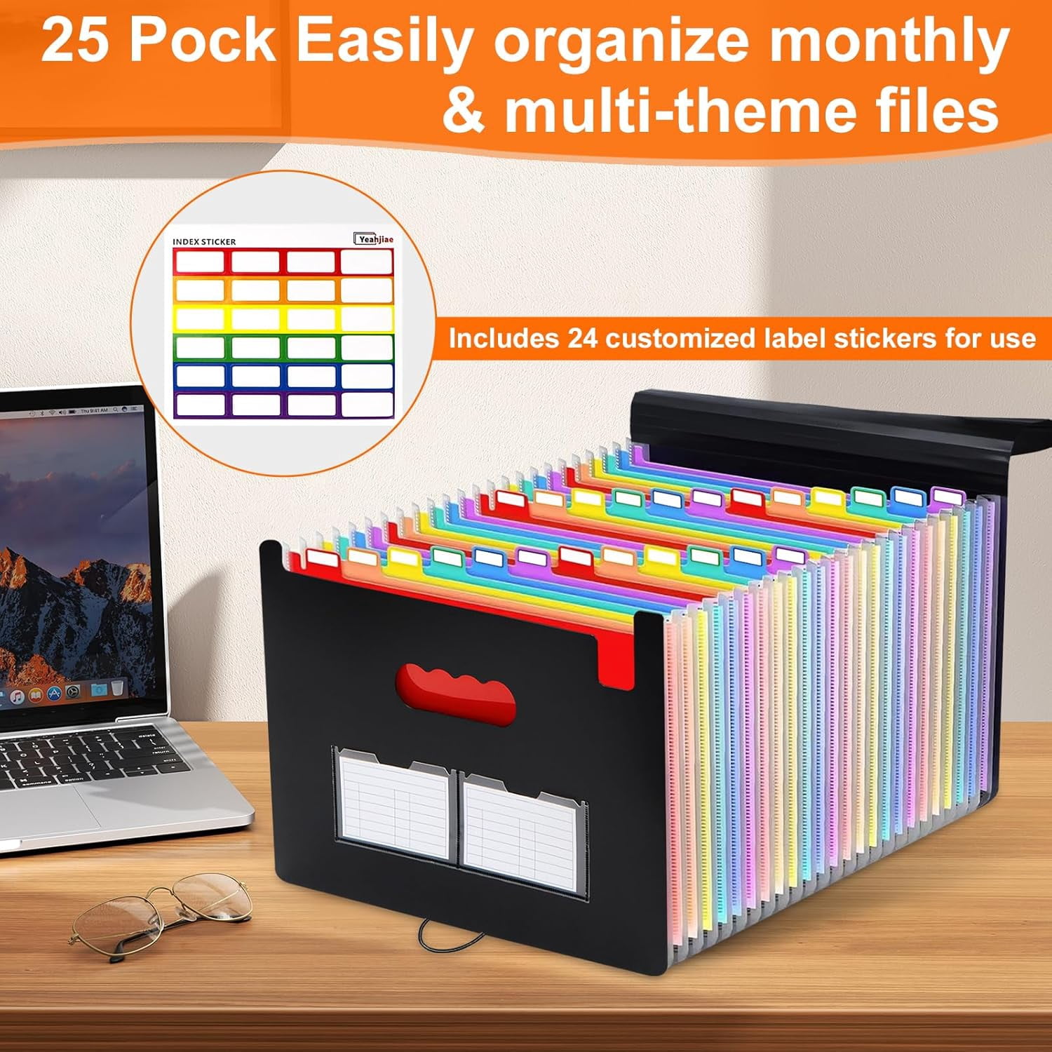 Accordion File Organizer, 25 Pockets Expanding File Folders, Portable Monthly Bill Receipt Organizer, Colorful Tabs, Desktop Folders Letter A4 Paper Document Storage for Home Office
