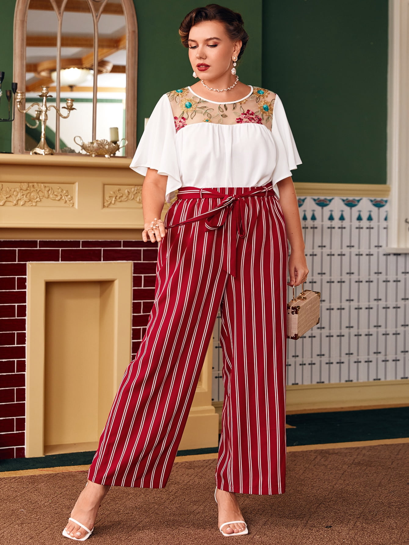 Women's Plus Floral Embroidered Mesh 