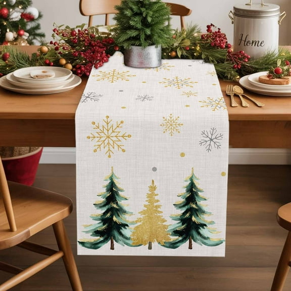 Christmas Tree Cotton Linen Table Runner Green Gold Trees Snowflakes Linen Texture Dining Table Runners for Home Decor Party Dining Room Restaurant Kitchen Party 13" x 120"