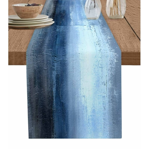 Ombre Blue Black Table Runner-Cotton Linen- 120 Inch Holiday Dresser Scarves, Abstract Contemporary Graffiti Art Tablerunner for Kitchen Coffee/Dining Bedroom Living Room Dinner Scarf Décor 13x120