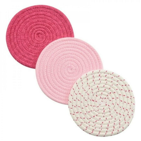 

Cotton Rope Braided Round Heat-Insulating Placemat Kettle Pot and Bowl Mat Anti-Scald Table Mat Three-Piece Pink