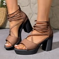 thumbnail image 3 of Rokment Chunky Block High Heels Strappy Sandals for Women 2026 Summer Fashion Casual Leather Fish Mouth Open Toe Platform Ankle Strap Dressy Sandals with Back Zipper Brown Size 7, 3 of 7