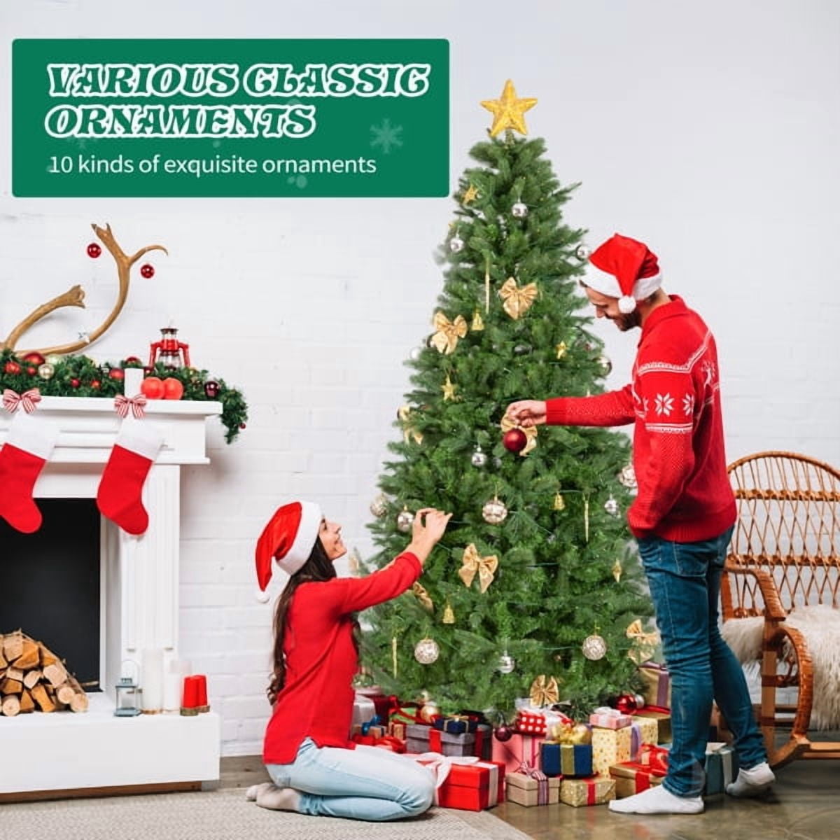 7.5FT Pre-Lit Christmas Tree - 950 Branch Tips 400 Warm White LEDs Golden Ornaments + Tree Skirt Included for Home/Office