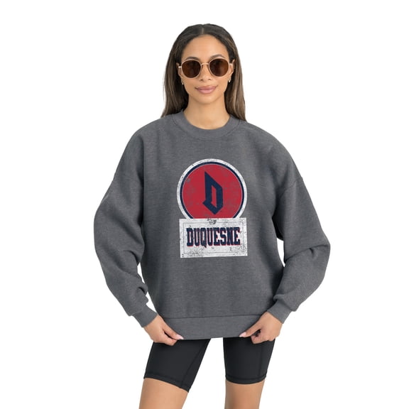 Women's Gameday Couture Duquesne Dukes Charcoal Oversized Drop Shoulder Fleece Drop Pullover Sweatshirt