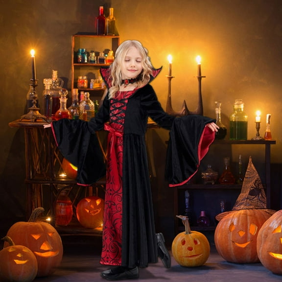 EnJoCho Girls Witch Dress with Necklace & Cape - Halloween 𝖵ampire Cos-play Outfit for Kids, 𝖳𝗋𝗂𝖼𝗄 𝗈𝗋 𝖳𝗋𝖾𝖺𝗍, Spoo𝗄y Par𝗍y Dress