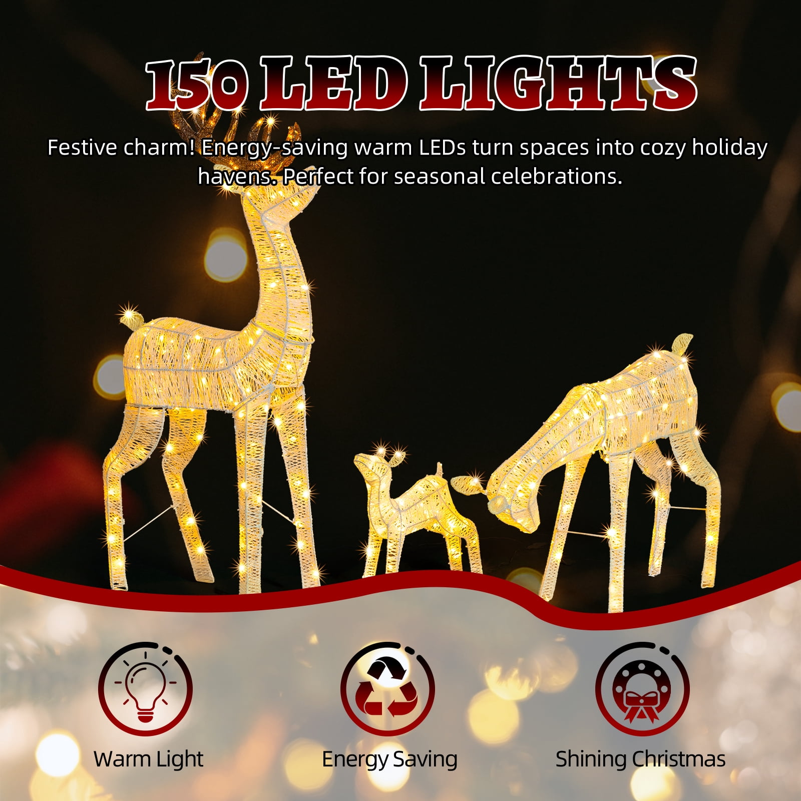 Astoutdoor 3-Piece Lighted Christmas Reindeer Family Set, Pre-Lit 280 LED Warm White Lights, White, Indoor Outdoor Holiday Decoration