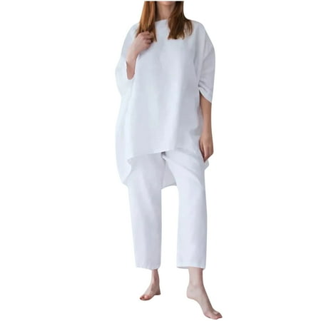 

Womens Casual Cotton Linen 2 Piece Outfits Half Sleeves Oversized Tops Tapered Cropped Pants Capris Pajamas Suit Sets