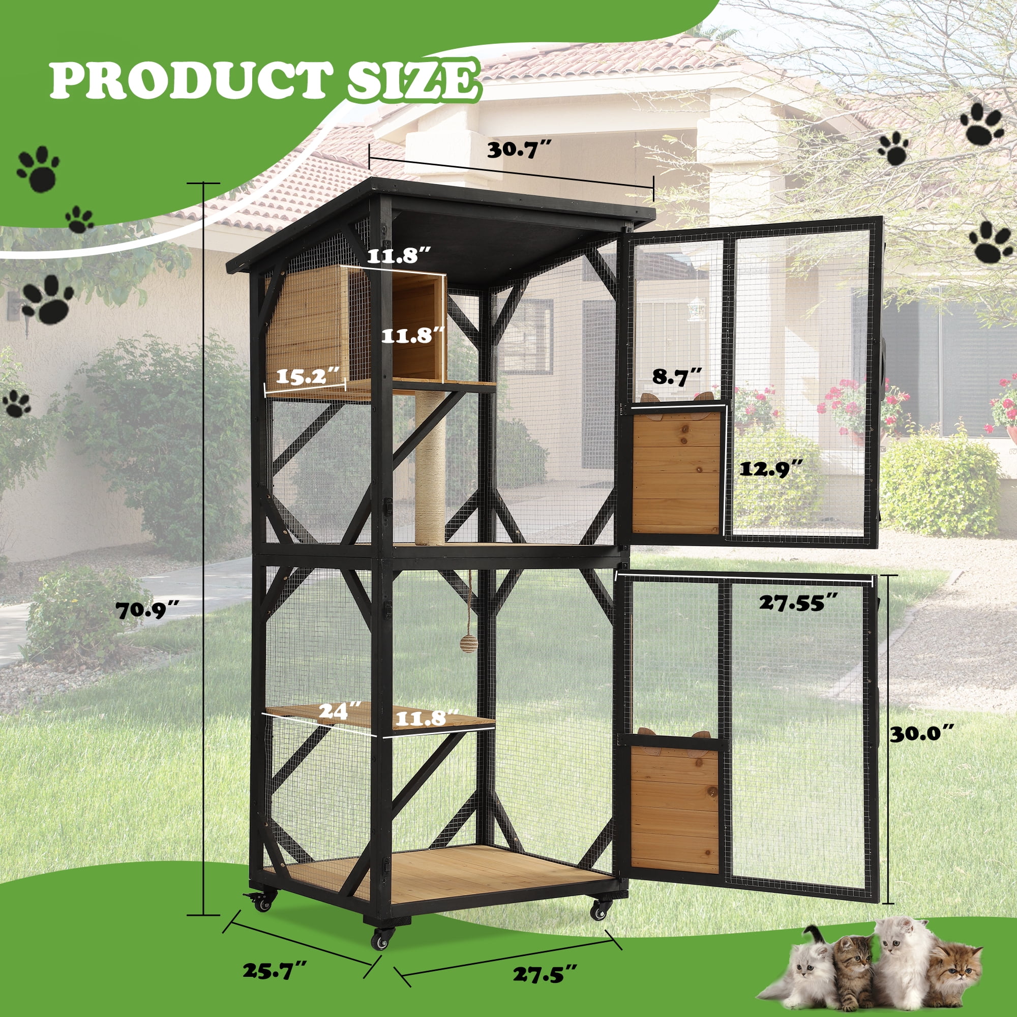 Magic Union Catio Outdoor Cat Enclosure, 4 Tiers Cat House with Waterproof Roof, Indoor Cat Cage with Wheels and Removable Floor, Large Outside Wood Cattio Kitty with Resting Box(Black)